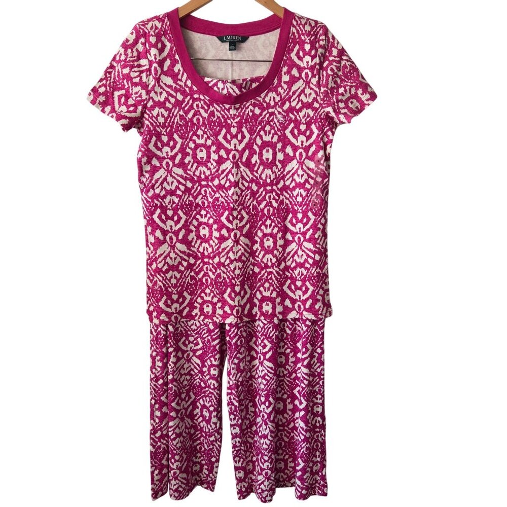 Ralph Lauren LRL Sz M Ikat Print 2-Piece Lounge Short Sleeve Top Wide-Leg Pants